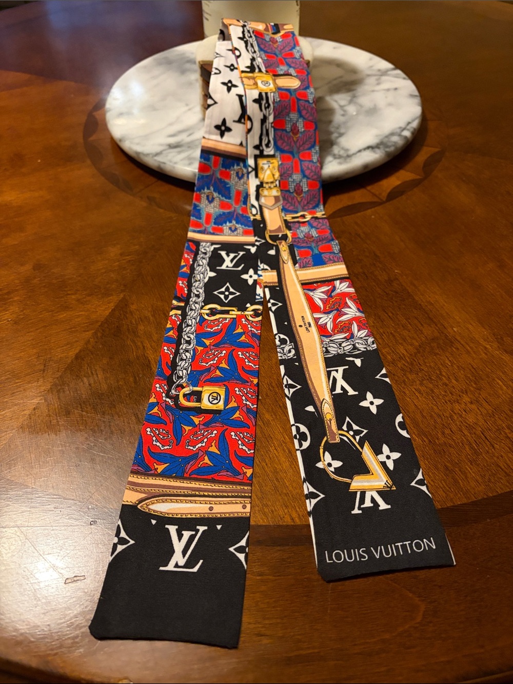 Louis Vuitton Black, Red, Blue & White Silk Twilly with Monogram and Belt Motif